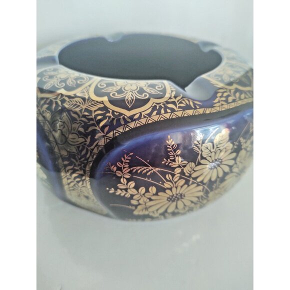 Large Vintage Andrea by Sadek Ceramic Gold & Blue Floral Ashtray 7" - Picture 5 of 16